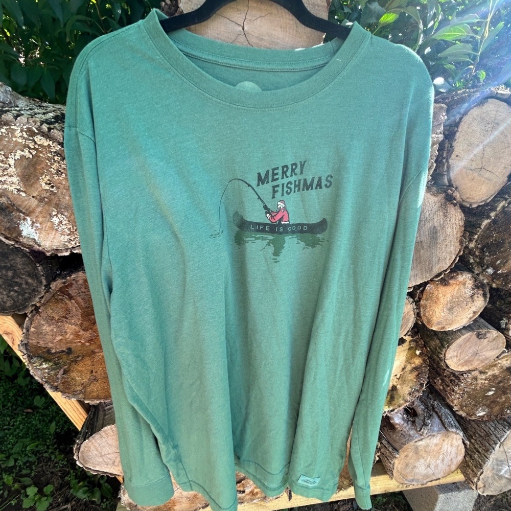 Life is Good Long Sleeve Cotton Crusher Tee Merry Fishmas Santa Holiday Cabin